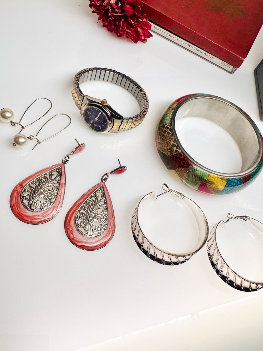 5 Piece Bundle Earrings Watch & Bangle, Multicolor, Silver, Y2K Jewlery